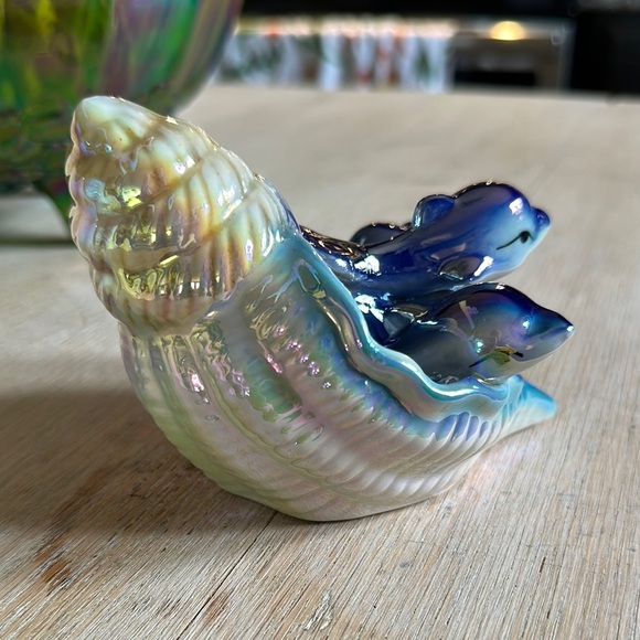 VINTAGE | Dolphins Blue Iridescent Shell Lusterware Nautical Ceramic Figurine - Picture 3 of 8